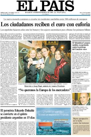Portada del diario El País de 02/01/2002